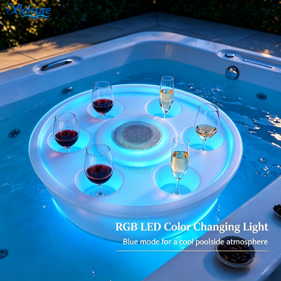Floating Spa Music Bar with Bluetooth Speaker RGB LED Light 6 Cup Holders Waterproof Floating Drink Tray for Pool Hot Tub Party